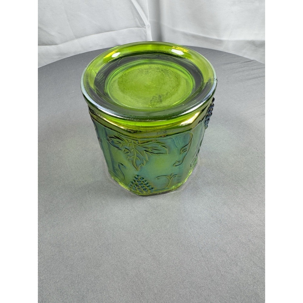 Indiana Carnival Glass Iridescent Lime Green Canister Jar  Vintage Harvest Grape - Picture 5 of 5